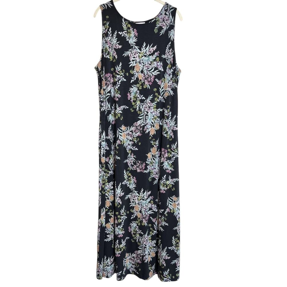 J Jill Floral Maxi Dress Sleeveless Pockets Large Gray Muticolor